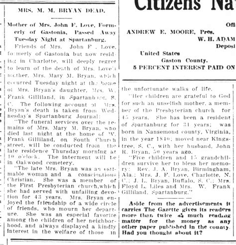 Mrs. M.M. Bryan Dead from Gastonia Gazette on 1914-03-27 – Brother