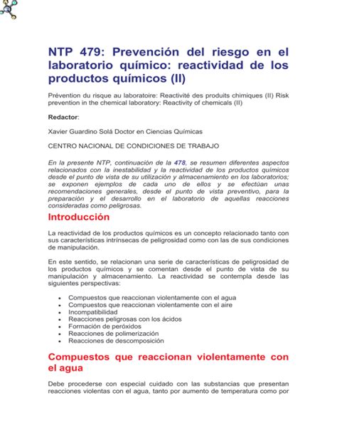 NTP 479 Prevención del riesgo en el laboratorio químico