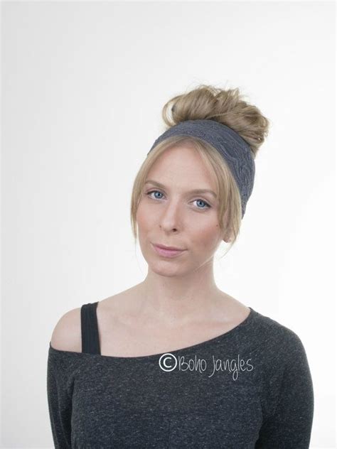 Charcoal Grey Lace Headband Wide Lace Stretchy Headband Etsy Lace