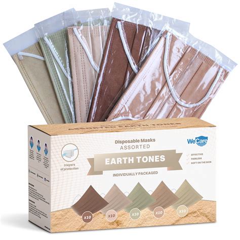 Disposable Face Masks 3 Ply Individually Wrapped 50ct Assorted Earth Tones