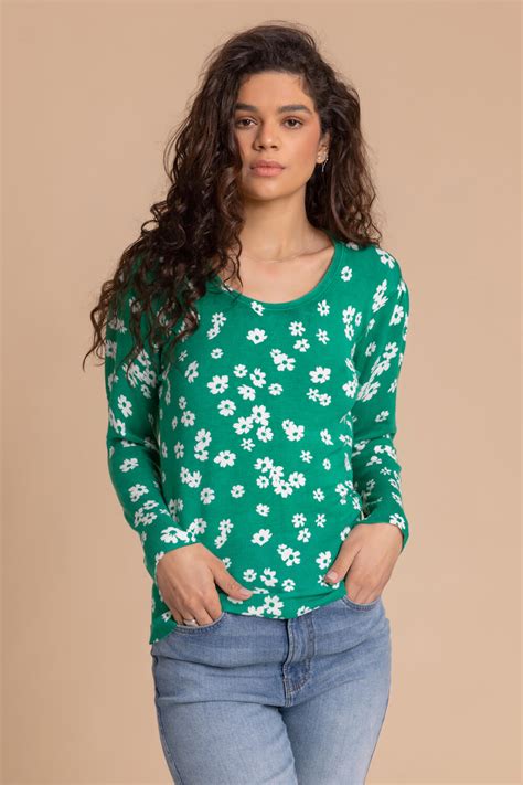 Floral Print Crew Neck Jumper In Green Roman Originals Uk