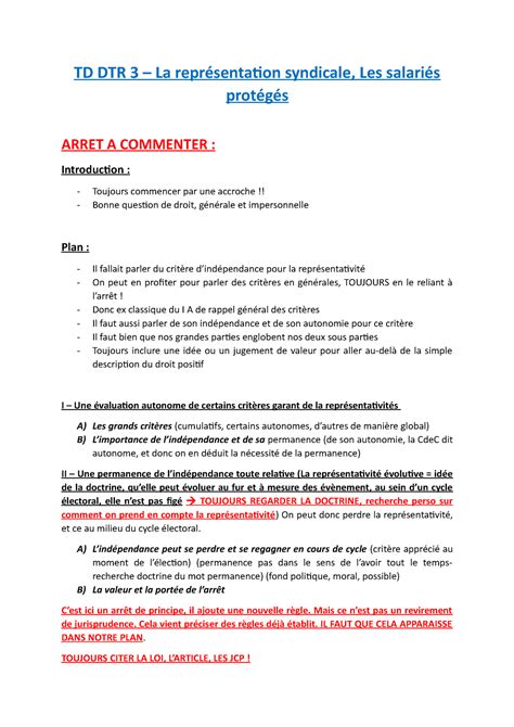 TD droit du travail 3 TD DTR 3 La représentation syndicale Les