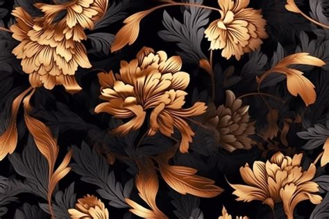 Premium AI Image | A close up of a black and gold floral pattern with ...