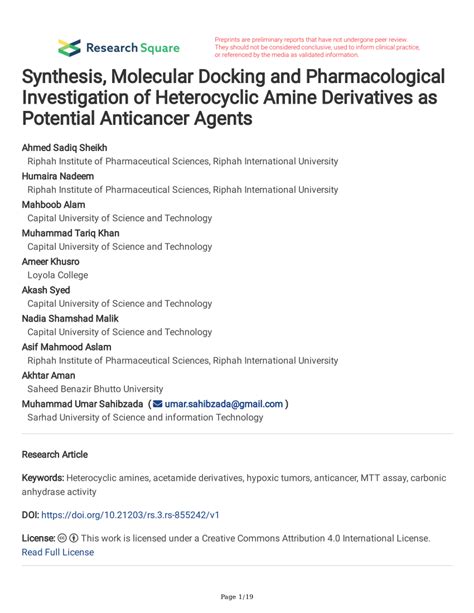 Pdf Synthesis Molecular Docking And Pharmacological Investigation Of Heterocyclic Amine