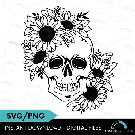 Flower Skull Svg Sunflower Skull Png Floral Skeleton Vector Cricut