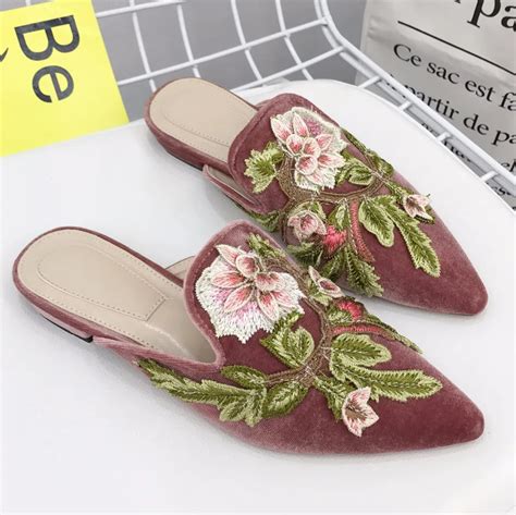 Women Flowers Embroidered Mules Velvet Slides Cm Low Heel Pointed Toe