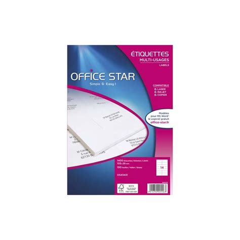 OFFICE STAR Boîte de 2100 étiquettes multi usage Blanches 635 x 381 mm