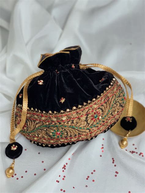 Black Velvet Hand Embroidered Potli Bag Etsy