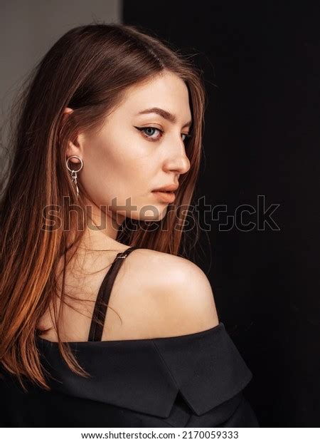 Beautiful Woman Looked Back Looks Camera Stock Photo