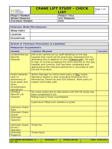 Cl 07 02 Crane Lift Study Checklist Pdf Crane Machine Elevator