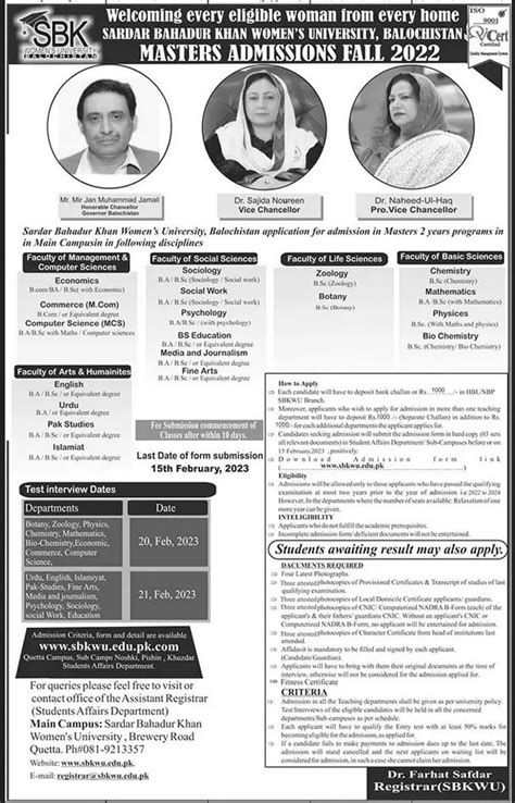 Admission Open In Sardar Bahadur Khan Womens University Quetta 5th