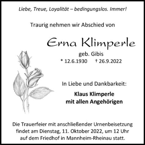 Traueranzeigen Von Erna Klimperle Trauerportal Ihrer Tageszeitung