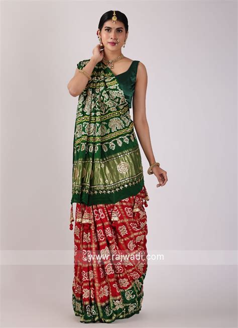 Green And Red Bandhani Printed Gharchola Saree