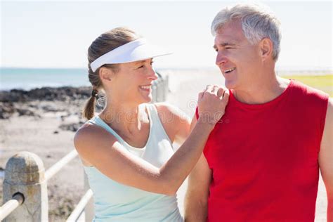 Fit Mature Couple Warming Up Together Pier Stock Photos Free