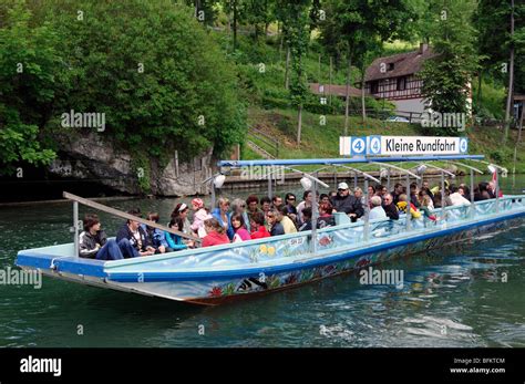 Tourist boat at Worth Castle at the Rheinfall at Schaffhausen ...