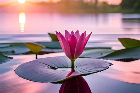 Premium AI Image Lotus Flowers On A Pond At Sunset