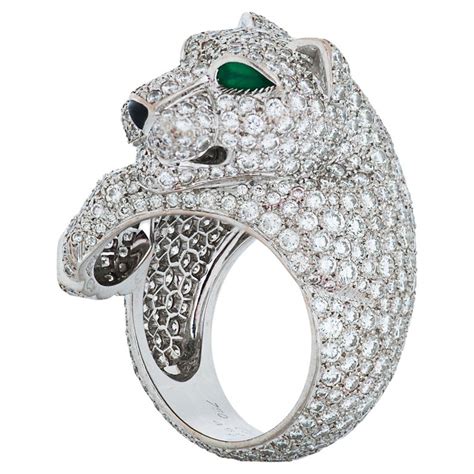 Panthere De Cartier Diamond Emerald And Onyx Panther Head Ring In 18k White Gold For Sale At