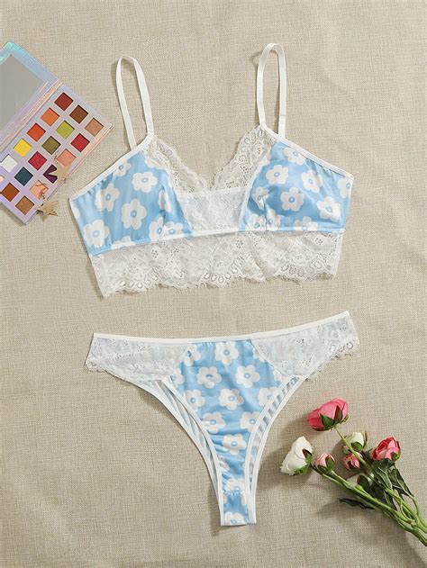 Set De Lencer A Con Estampado Floral Ribete Con Encaje De Malla Azul Y