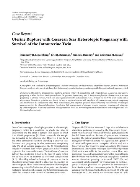 Case Report Uterine Rupture With Cesarean Scar Heterotopic Pregnancy