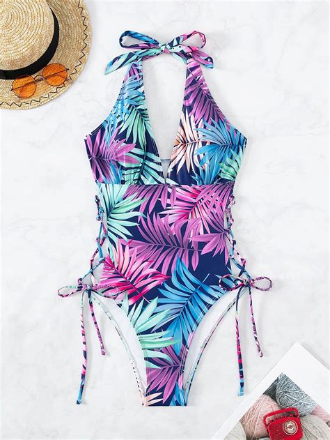 Tropical Print Lace Up Side Halter One Piece Swimsuit Shein Usa