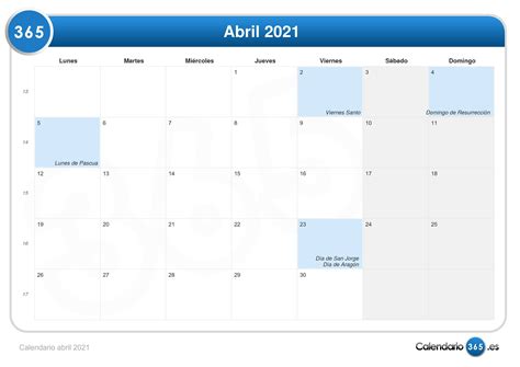 Calendario Abril 2021