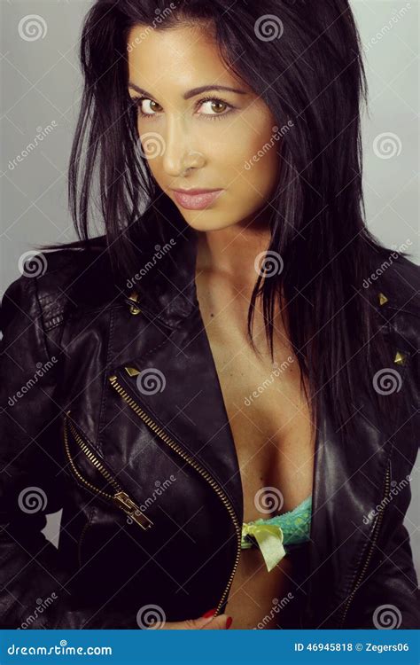 Beautiful Brunette With A Leather Jacket Stock Photo Image Of Necked