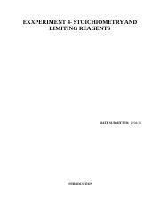 Stoichiometry And Limiting Reagents Lab Docx Exxperiment