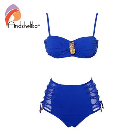 Buy Andzhelika Sexy High Waist Swimsuit Women Solid Mesh Bikini Set Bathing Suit Summer Swimwear