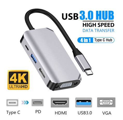 Usb C Hub 4 In1 Type C Hub With Usb C To Hdmi Vga 1080p Pd Power