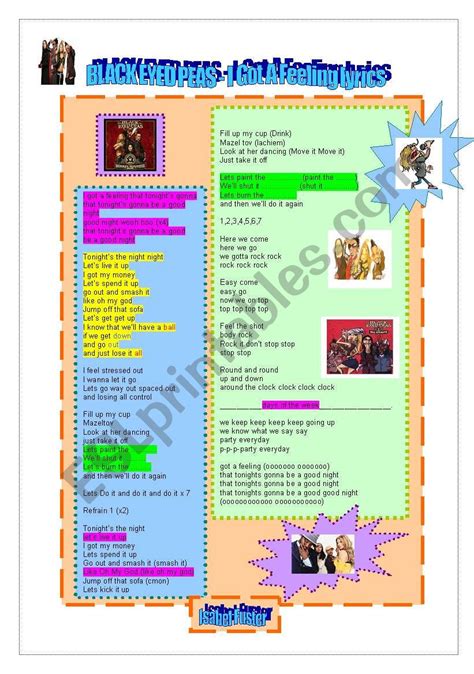 I got a feeling lyrics ( Black Eyed Peas) - ESL worksheet by queenelisabeth