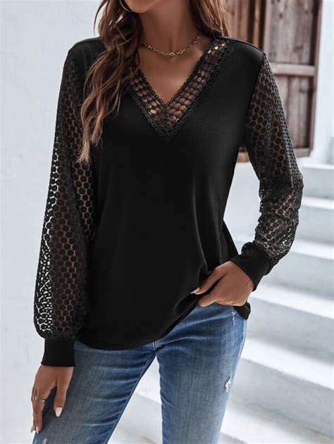 SHEIN LUNE Contrast Lace Bishop Sleeve Top SHEIN