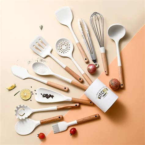 Ensemble D Ustensiles De Cuisine En Silicone Manche En Bois Blanc Pot