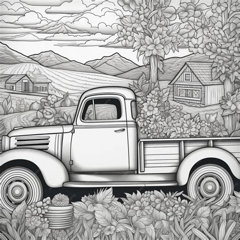 Premium Photo | Drawing of an old truck in a field with a farm in the background generative ai