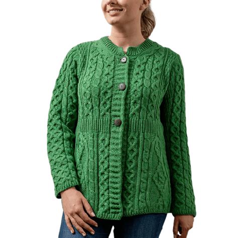 Aran 100 Irish Merino Wool Buttoned Cardigan Sweater For Women Chunky Cable Knitted Crew Neck