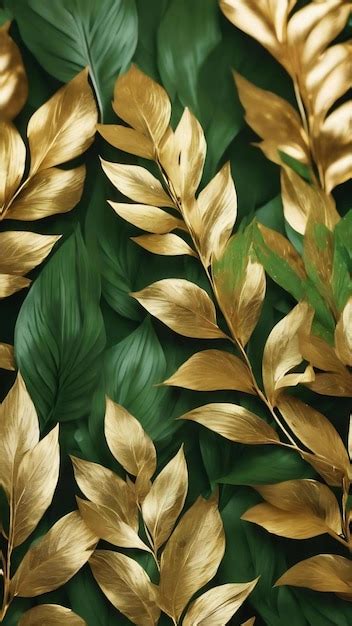 Premium Photo Metallic Gold And Green Leaves Textured Background