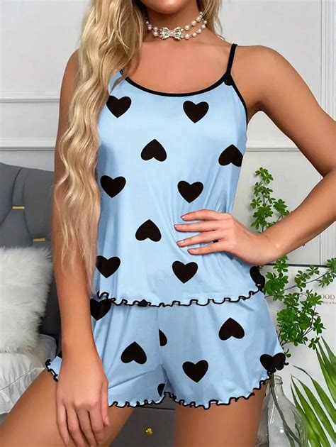 Shein Coupledup Heart Print Lettuce Trim Contrast Binding Pj Set