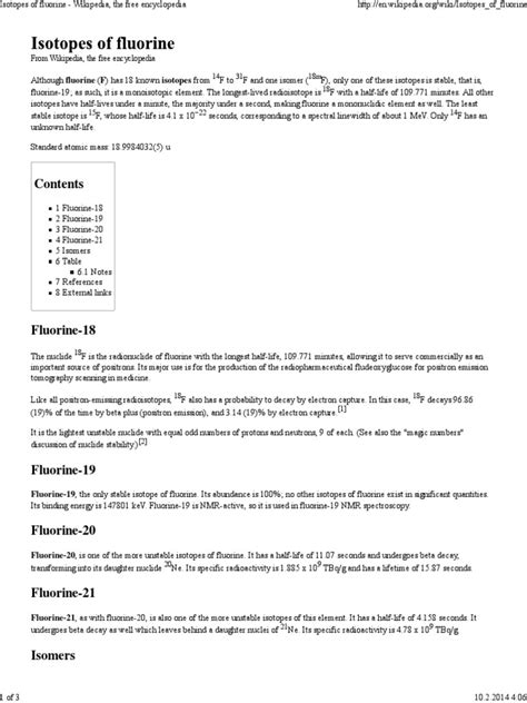 009 - Isotopes of Fluorine - Wikipedia, The Free Encyclopedia | Isotope | Radioactivity