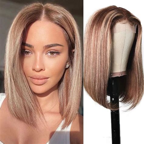 Highlight Short Bob Wigs Lace Front Wigs Human Hair 4 27 Honey Blonde