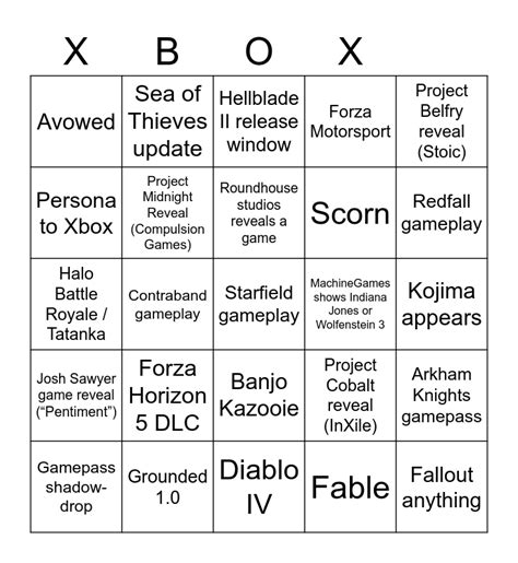 Xbox 2022 Showcase Bingo Card