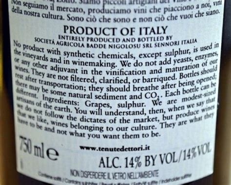 Full Declaration Of Ingredients And Processes On Label Of Italian Wine