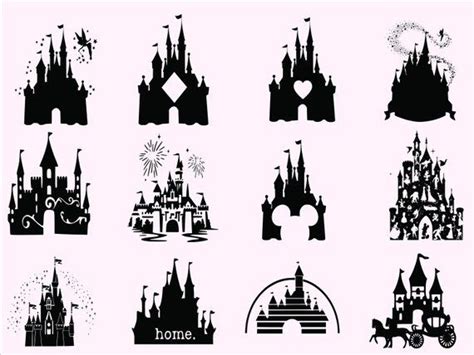 Disney Castle Silhouettes Are Shown In Black And White