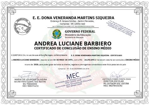 Certificado De Conclusão De Ensino Médio Emitido Para Andrea Luciane