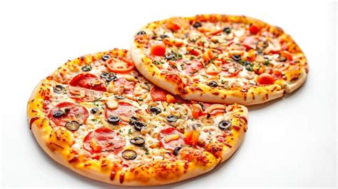 Premium Photo Two Tasty Hot Pizza Set Fall From Sky Front View In White Background Generative AI