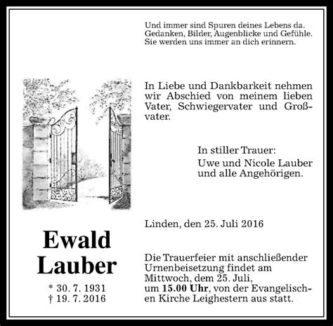 Traueranzeigen Von Ewald Lauber Vrm Trauer De