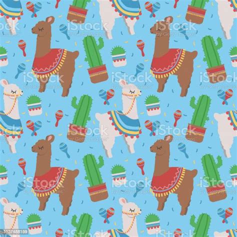 Colorful Seamless Cartoon Pattern For Children With Cute Peruvian Lamas