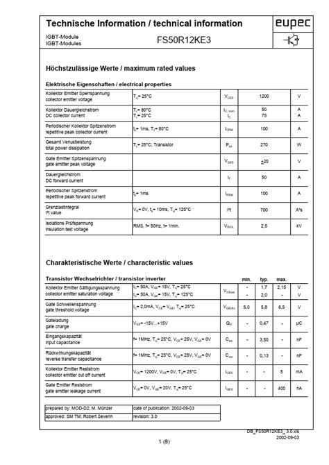 FS50R12KE3 Datasheet Igbt Module Equivalent Eupec GmbH