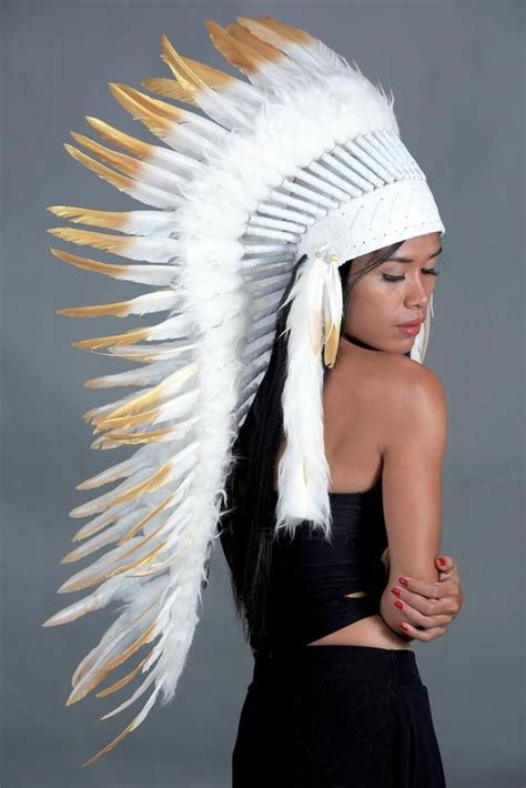 Indian Headdress Replica White And Gold Feathers Medium Length