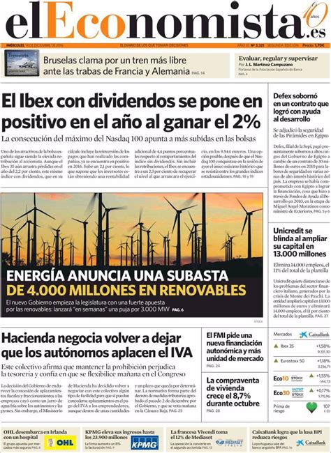 Las portadas de los periódicos económicos de hoy miércoles 14 de diciembre