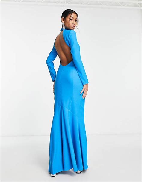 Asos Design High Neck Maxi Dress With Open Back In Electric Blue Asos