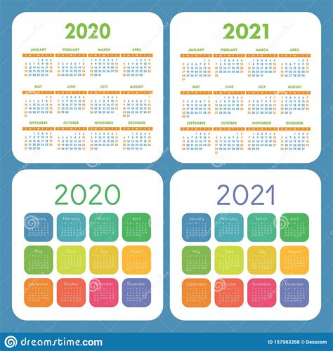 Calendar Set 2020 And 2021 Square Vector Calender Design Template